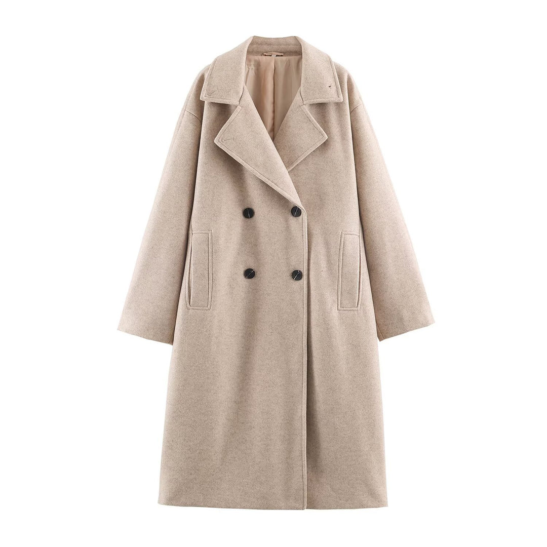 Women Mid-Length Wool Blend Double-Breasted Coat with Wide Lapels and Side Pockets Amarae