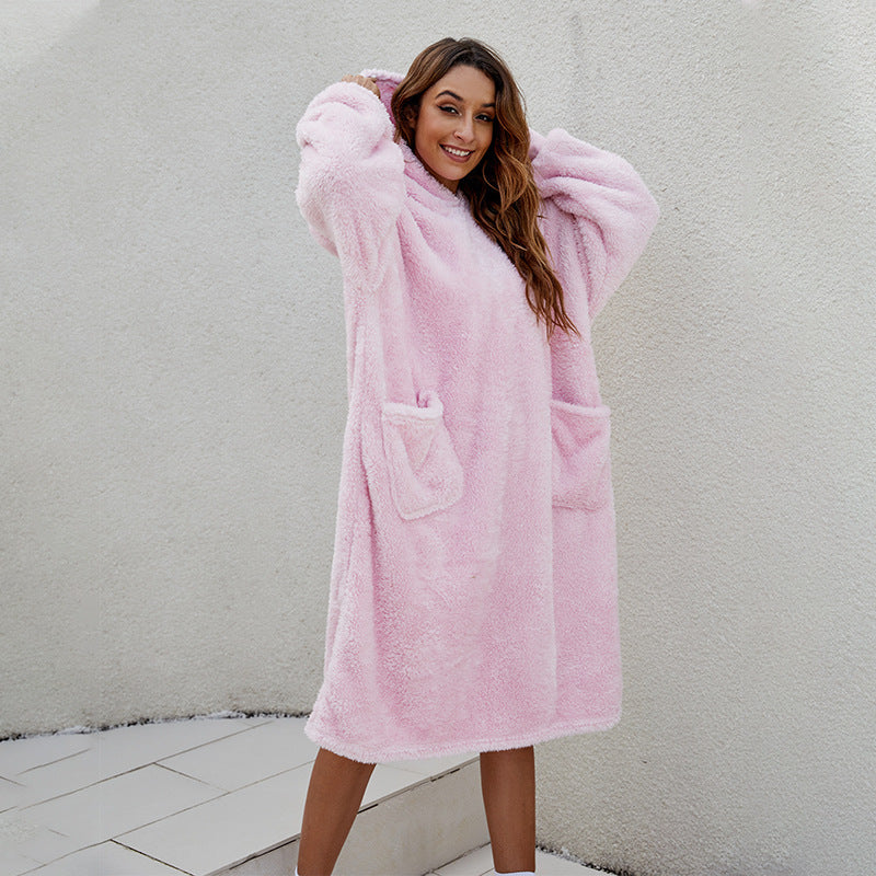 Comfortable fleece hoodie dress for women with practical pockets and large hood Lune London