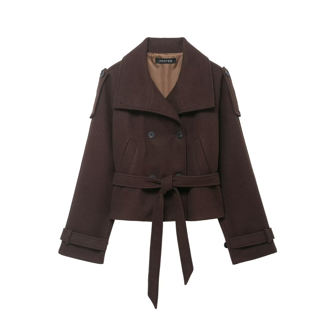 Women's Cropped Wool Blend Short Coat with High Stand-up Collar, Epaulettes, and Waist Belt Amarae