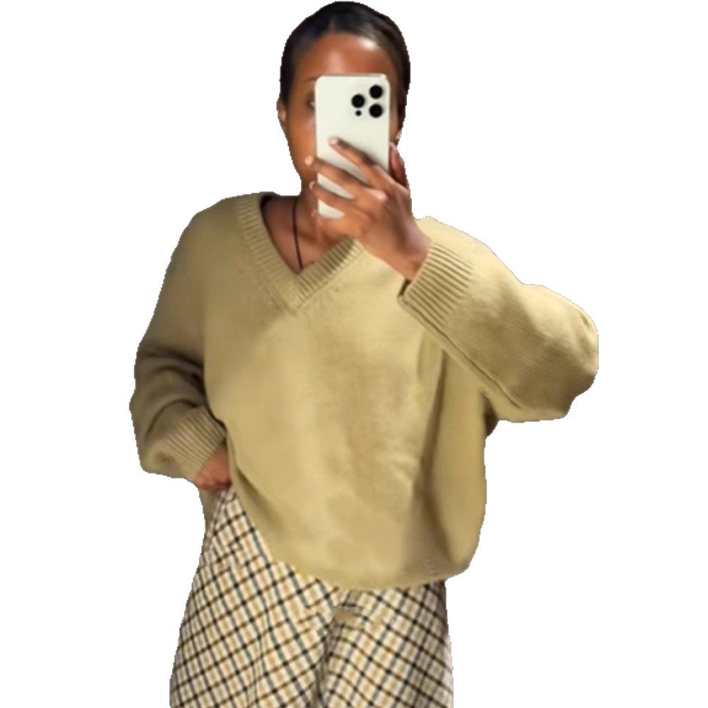Women Oversized V-Neck Knit Sweater with Ribbed Hem Amarae