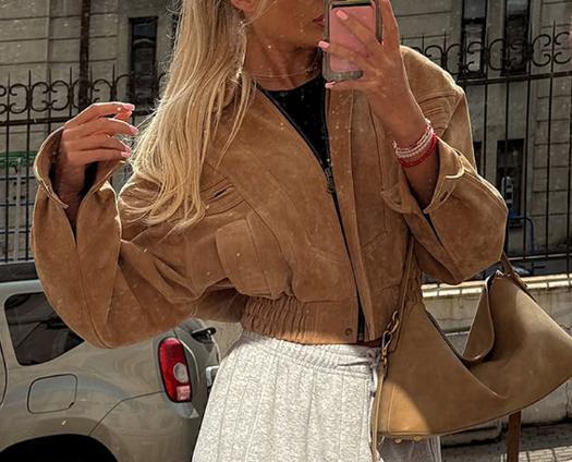 Women's Short Suede Bomber with Elastic Waist and Dropped Shoulder Amarae