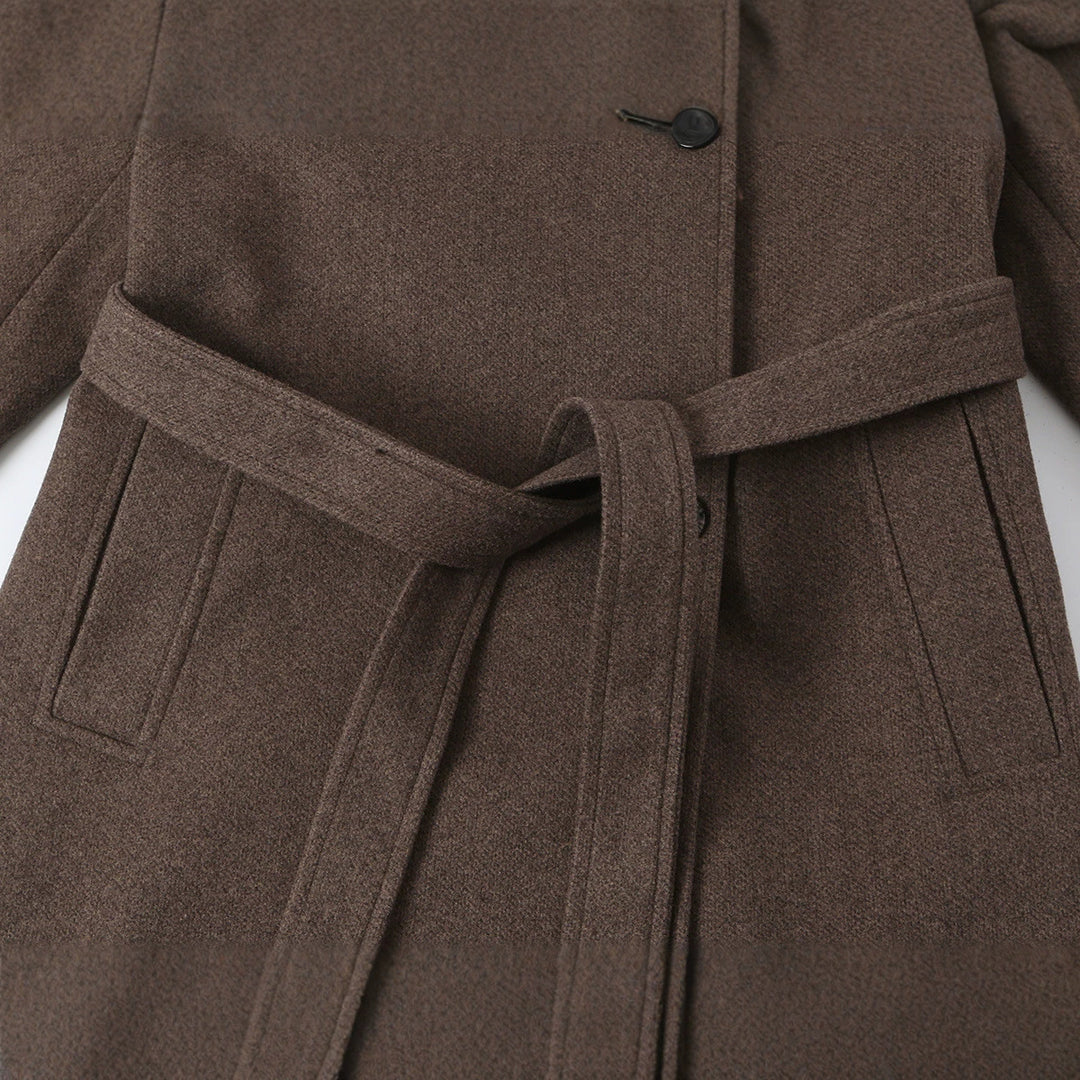 Women's wool coat with stand-up collar, tie belt and asymmetric button placket Amarae