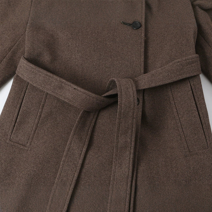 Women's wool coat with stand-up collar, tie belt and asymmetric button placket Amarae
