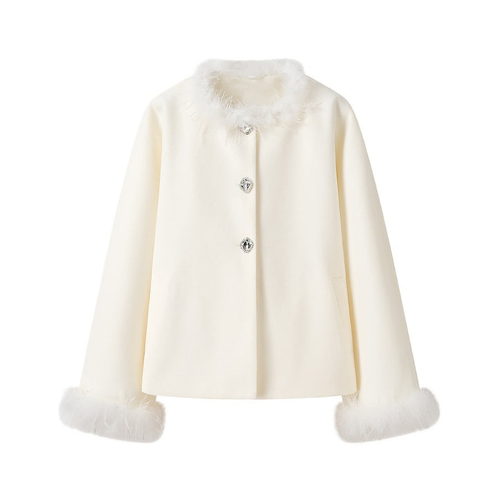 Ladies Short Boxy Coat Jacket with Feather Trimmed Collar and Cuffs Amarae