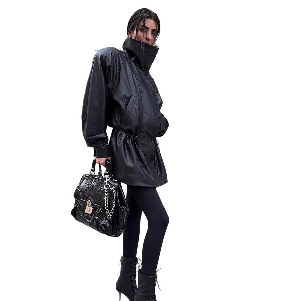 Women Oversize Faux Leather Parka with High Stand Collar and Adjustable Drawstring Amarae