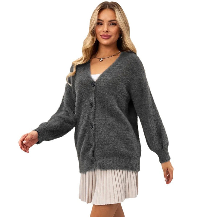 Women Plush Cardigan with Deep V Neckline and Button Details Lune London