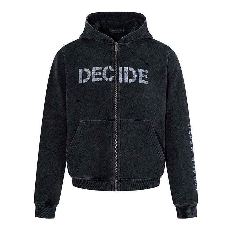 Men's hoodie zip jacket in vintage look with statement print and destroy details Amarae