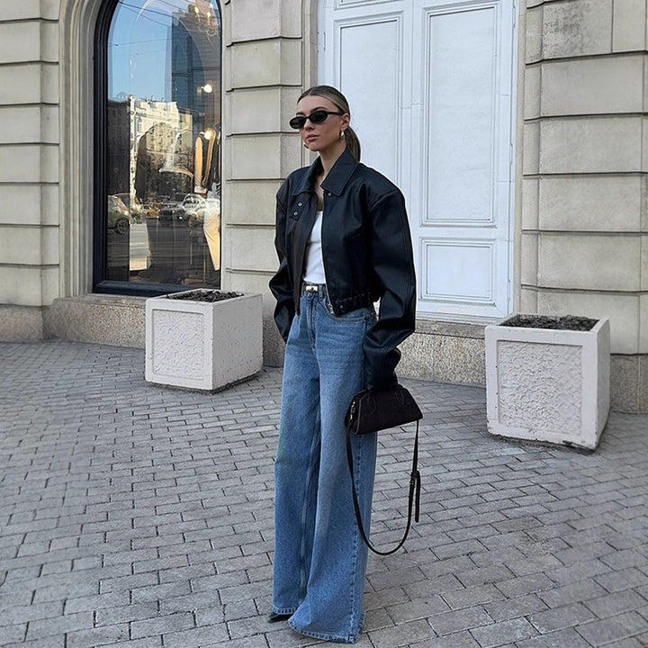 Women's Cropped Oversized Leather Jacket with Shirt Collar, Cropped Silhouette and Extra-Wide Sleeves Amarae