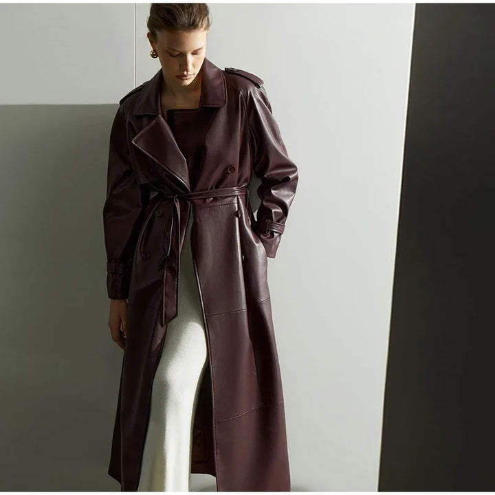 Elegant trench coat in faux leather for women with belted waist Lune London