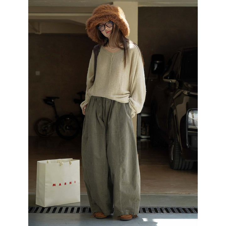 Women Loose Fit Corduroy Balloon Pants with Drawstring Waist and Large Front Pockets