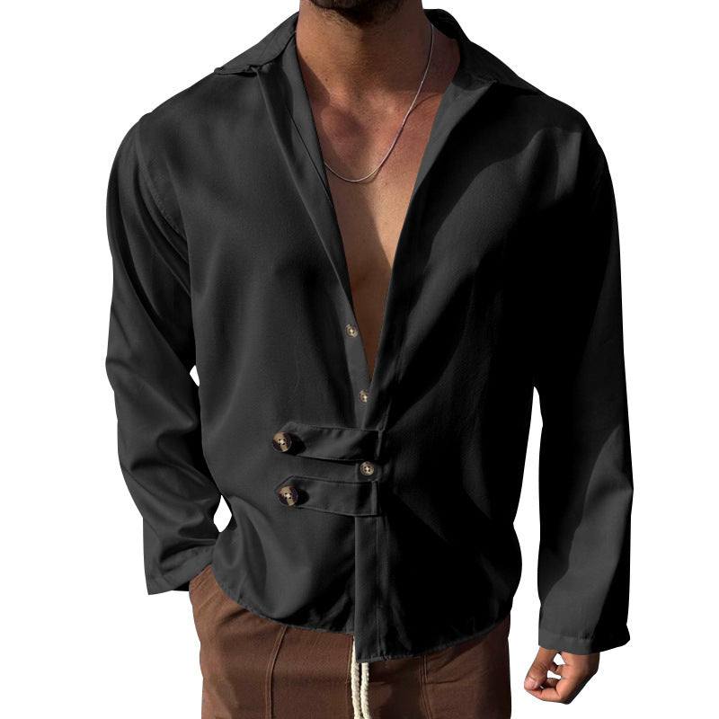 Men's elegant long sleeve blouse with shawl collar and button details Amarae
