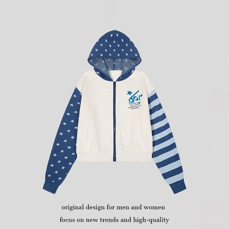 Women’s cropped hooded sweatshirt jacket with full zip, patterned sleeves and star motif Amarae