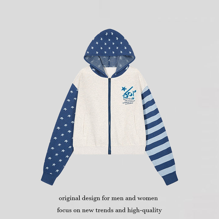 Women’s cropped hooded sweatshirt jacket with full zip, patterned sleeves and star motif Amarae