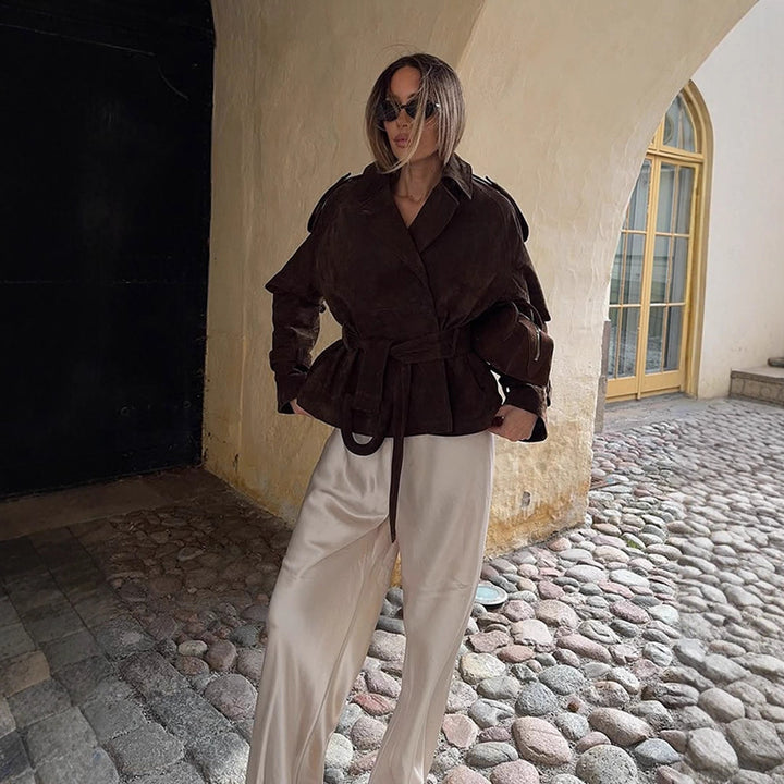 Trendy suede jacket for women with waist belt and voluminous sleeves Lune London