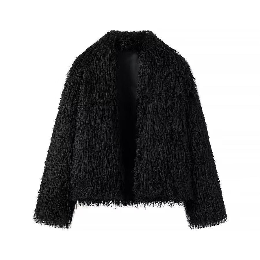 Women Short Fluffy Faux Fur Jacket with Long Fiber Texture Amarae