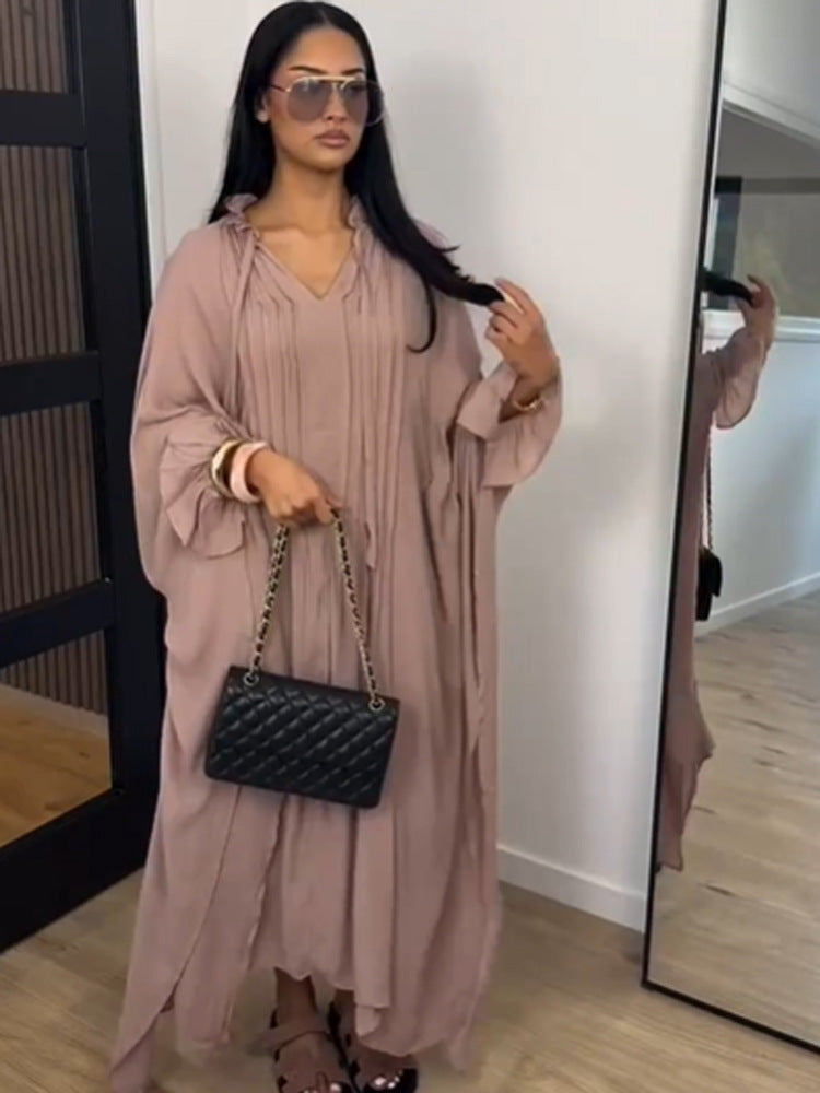 Women's maxi dress in kaftan style with ruffled collar, tie straps, and voluminous sleeves Amarae