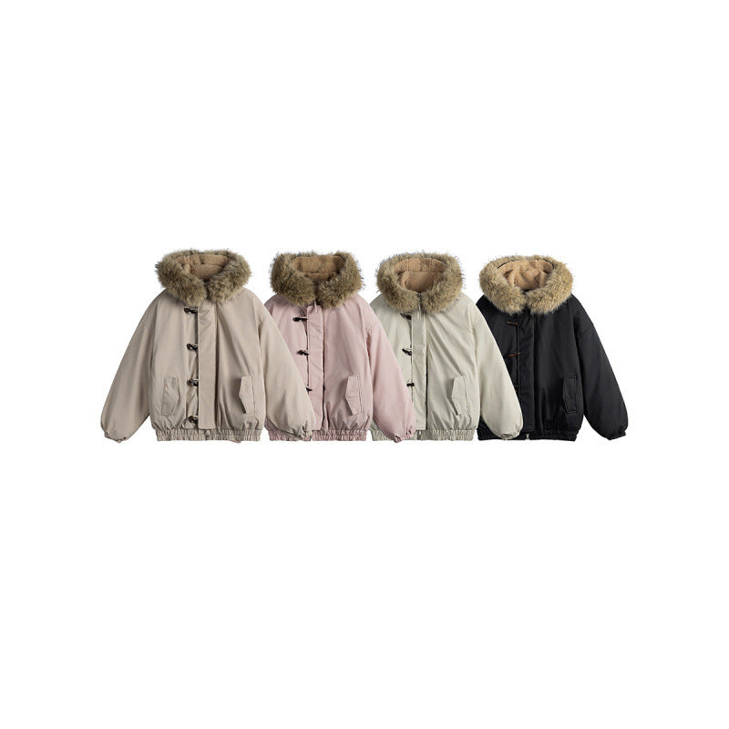 Unisex Padded Hooded Jacket in Boxy Cut with Teddy Lining, Faux Fur Collar and Toggle Closures Amarae