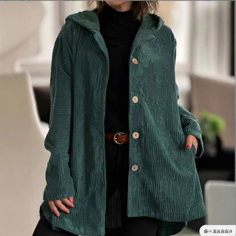 Women's Long Hooded Knitted Cardigan with Ribbed Texture, Button Placket and Side Pockets Amarae