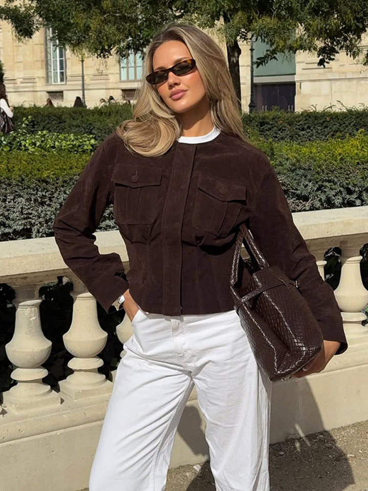 Women's short jacket made of suede in shirt jacket style with attached breast pockets Amarae