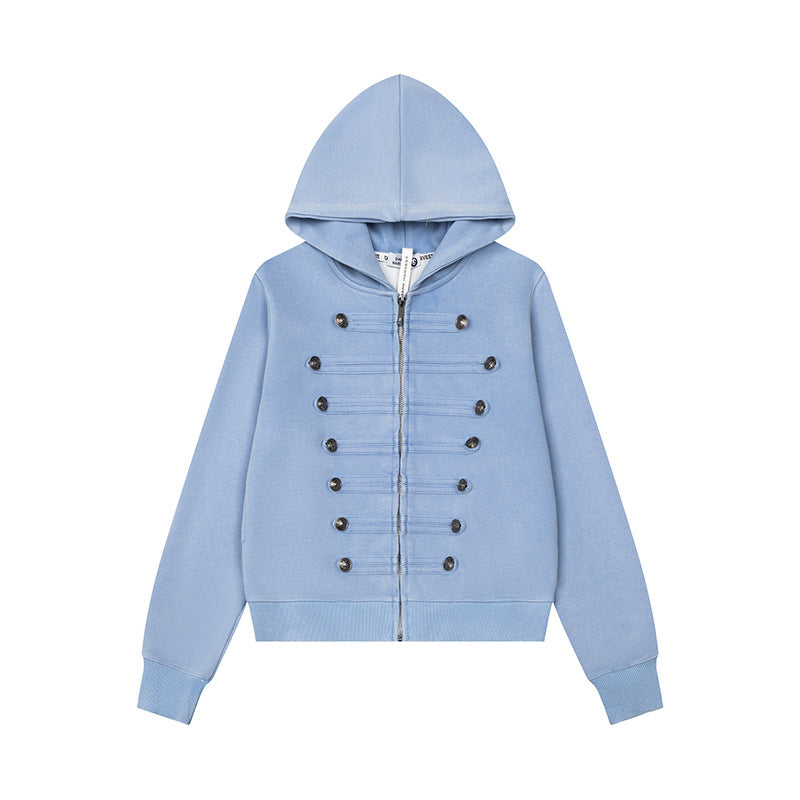 Women’s Hooded Sweat Jacket with Military Button Decoration and Full-Length Zipper Amarae