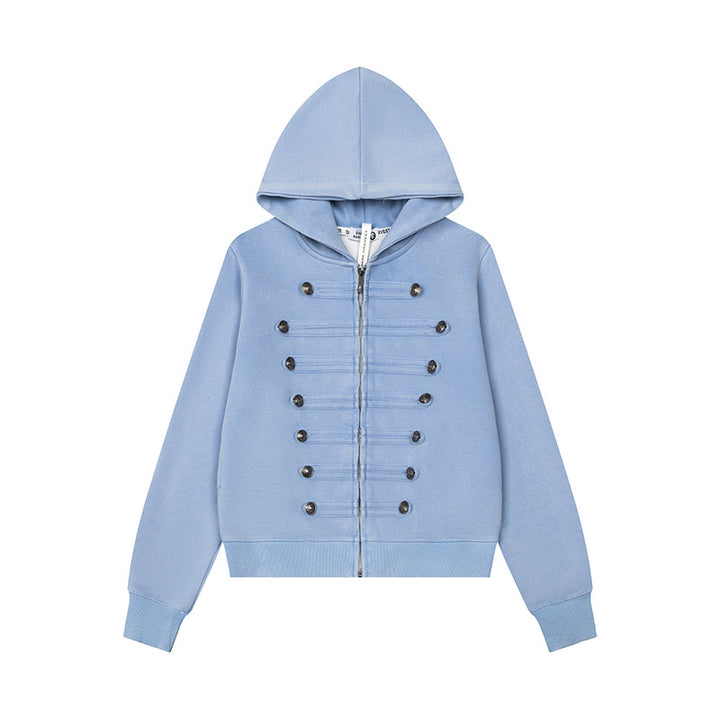 Women’s Hooded Sweat Jacket with Military Button Decoration and Full-Length Zipper Amarae