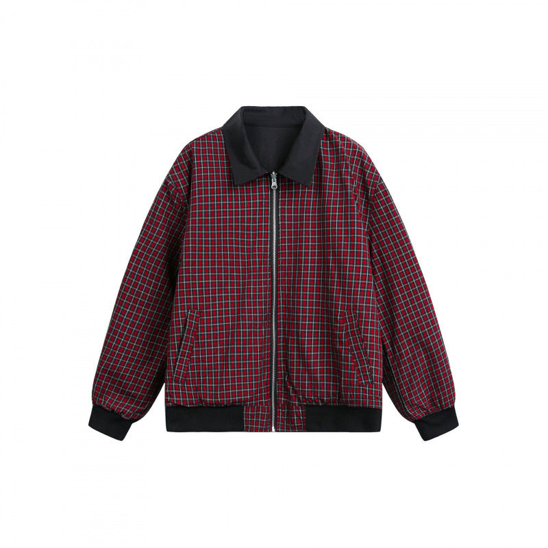 Unisex Reversible Zipper Jacket with Checkered Pattern and Smooth Back Amarae