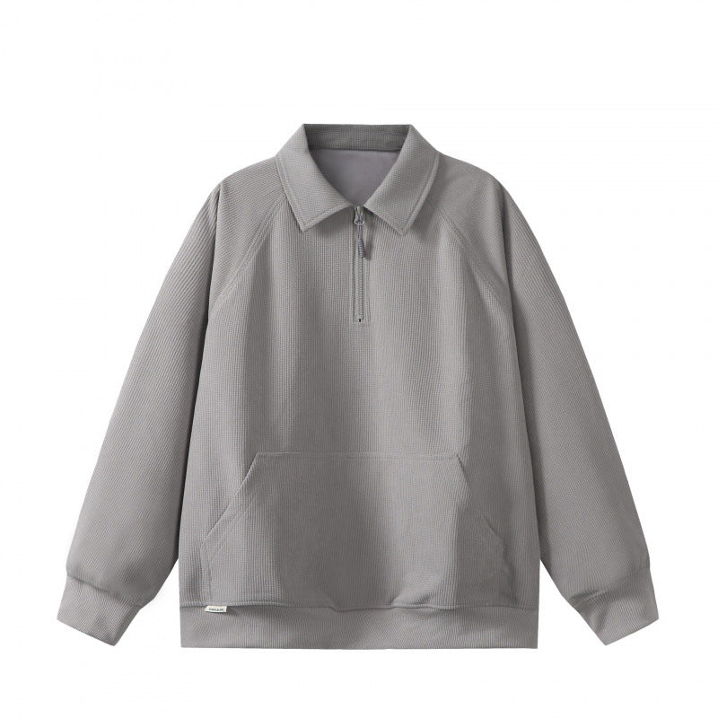 Unisex Oversize Half-zip Sweatshirt with Polo Collar, Waffle Structure and Kangaroo Pocket Amarae