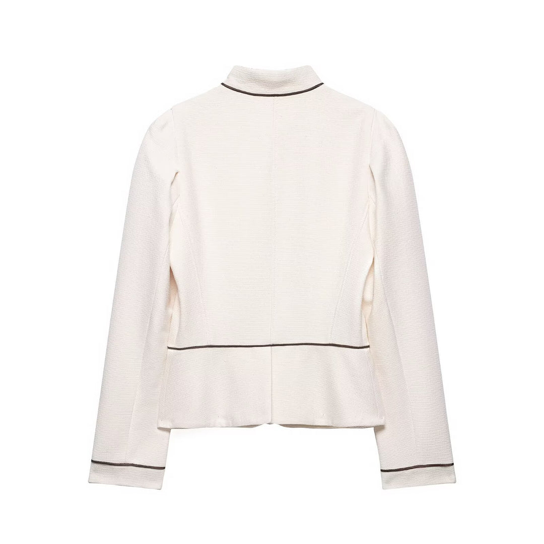 Ladies short blazer in bouclé look with stand-up collar, decorative piping and covered buttons Amarae