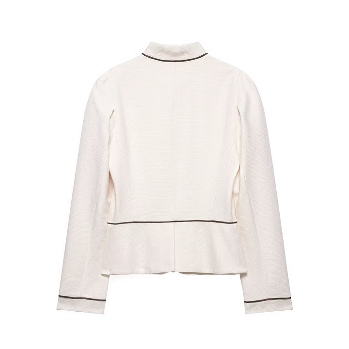 Ladies short blazer in bouclé look with stand-up collar, decorative piping and covered buttons Amarae