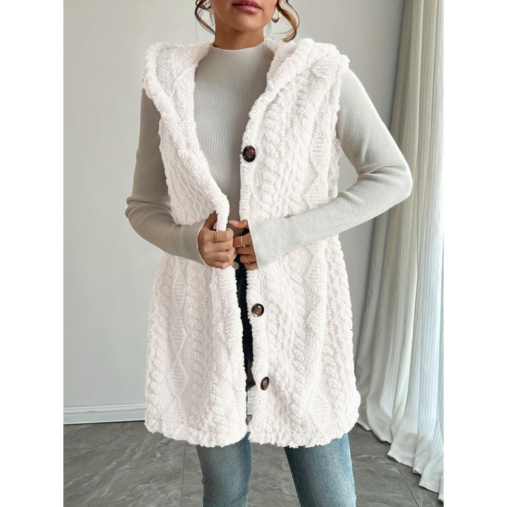 Women's Hooded Teddy Vest with Structured Cable Knit Pattern and Decorative Button Placket Amarae