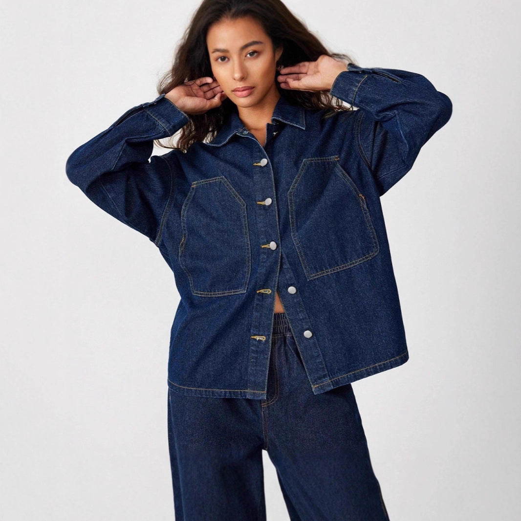 Women's Oversized Denim Jacket with Distinctive Front Pockets and Relaxed Fit Amarae