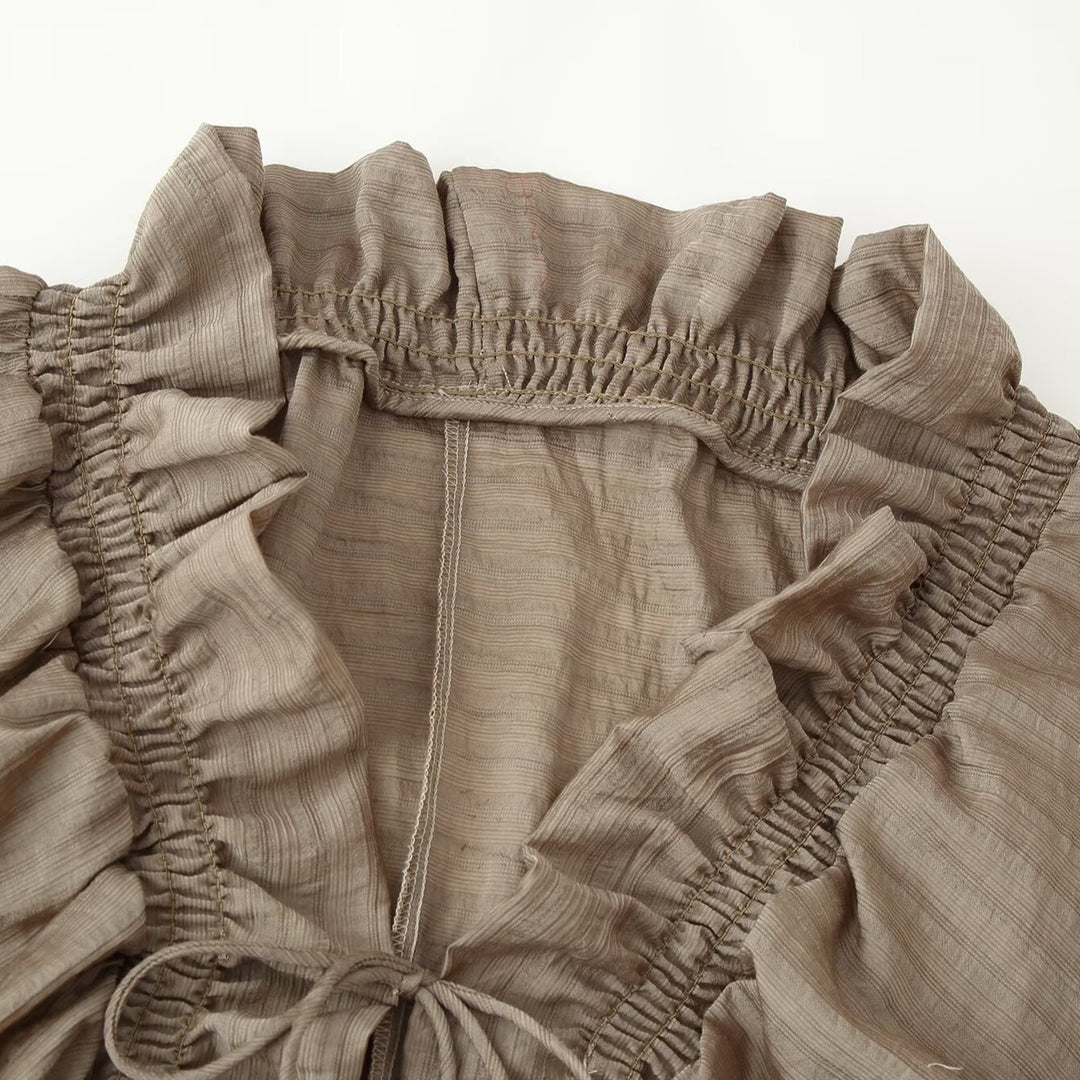 Women's Romantic Ruffle Blouse in Boho Style with Tie Band and Gathered Cuffs Amarae