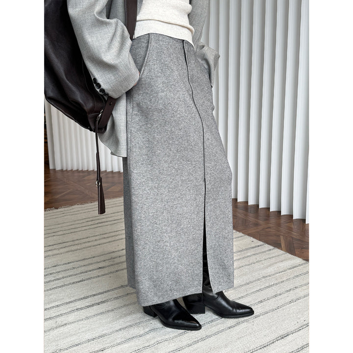 Ladies High-Waisted Knit Midi Skirt with Center Front Slit Amarae