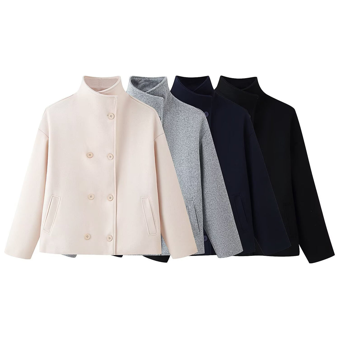 Veste en laine à la mode pour femmes avec col haut et patte à double bouton Chic & Stil