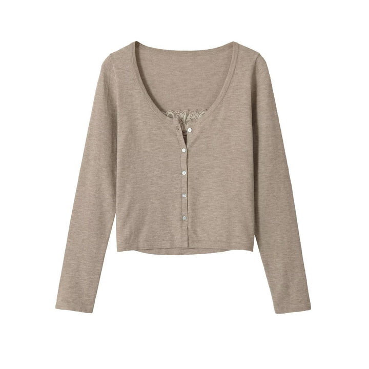 Women's short cardigan made of fine knit with V-neck, button placket, and lace insert Amarae
