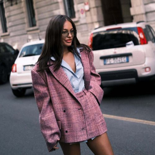 Elegant blazer set for women and mini skirt with double-breasted buttons and textured fabric Amarae