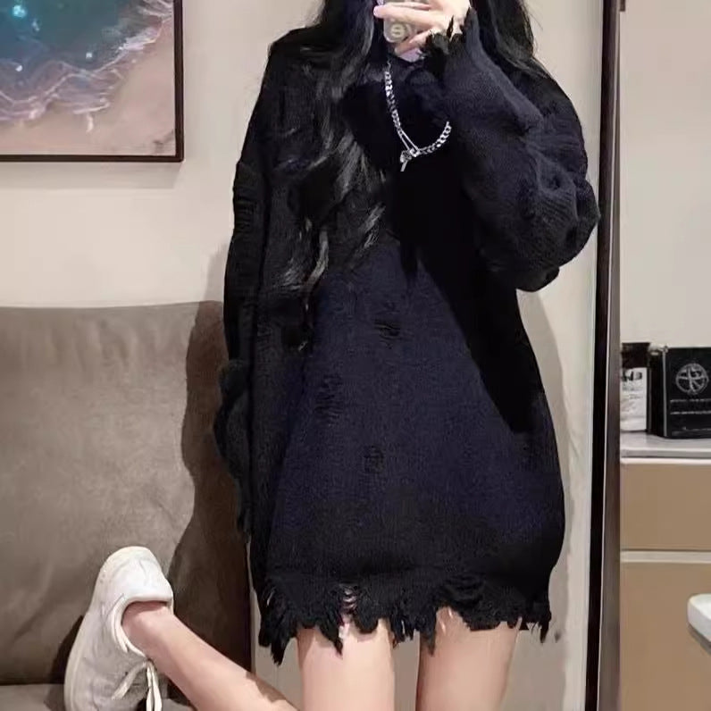 Oversized knit dress for ladies with frayed hem Lune London