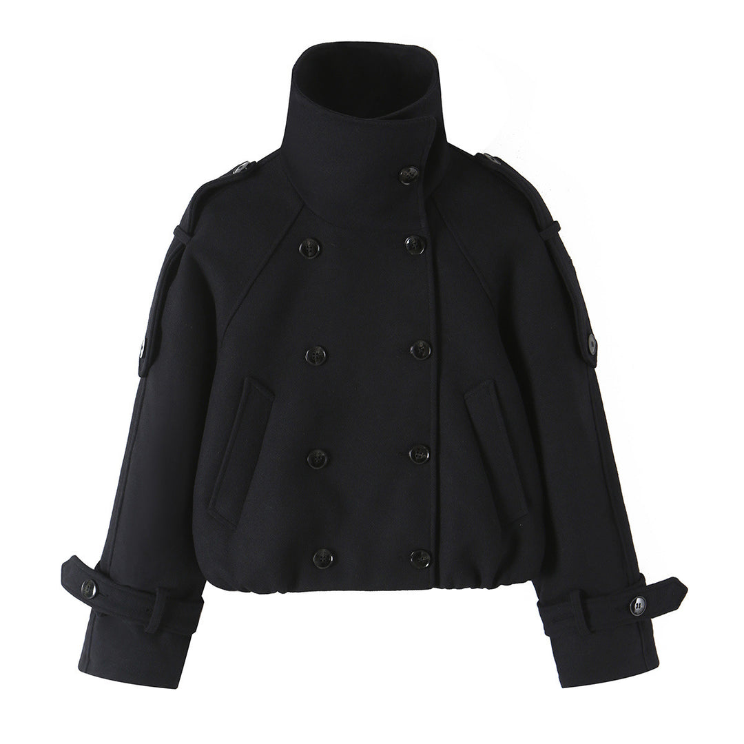 Women's Short Double-Breasted Peacoat with High Standing Collar and Shoulder Straps Amarae