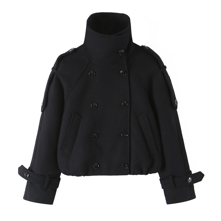 Women's Short Double-Breasted Peacoat with High Standing Collar and Shoulder Straps Amarae
