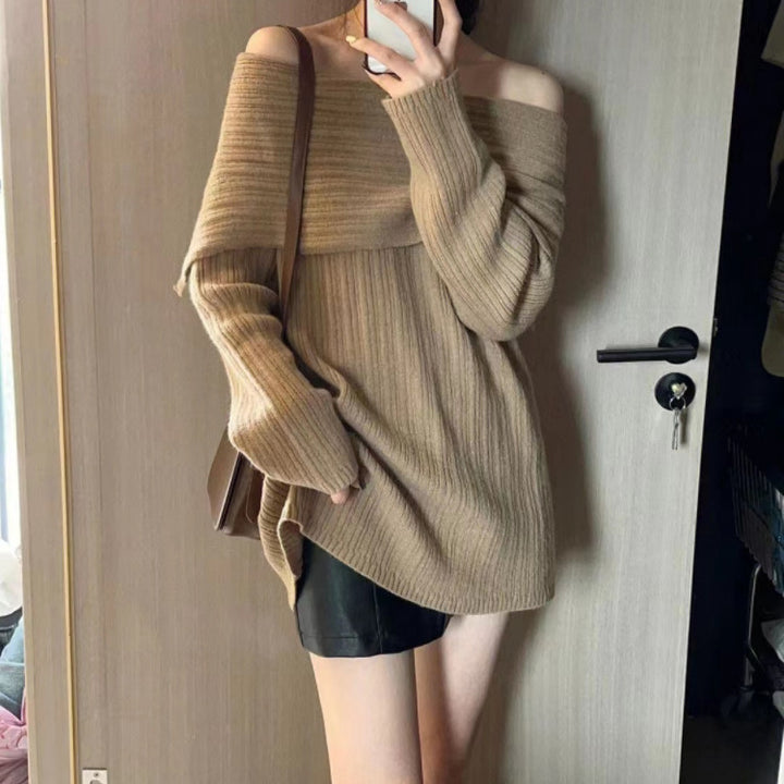 Pull surdimensionné pour femmes avec un design décontracté à épaule dénudée et une fine structure côtelée Chic & Stil
