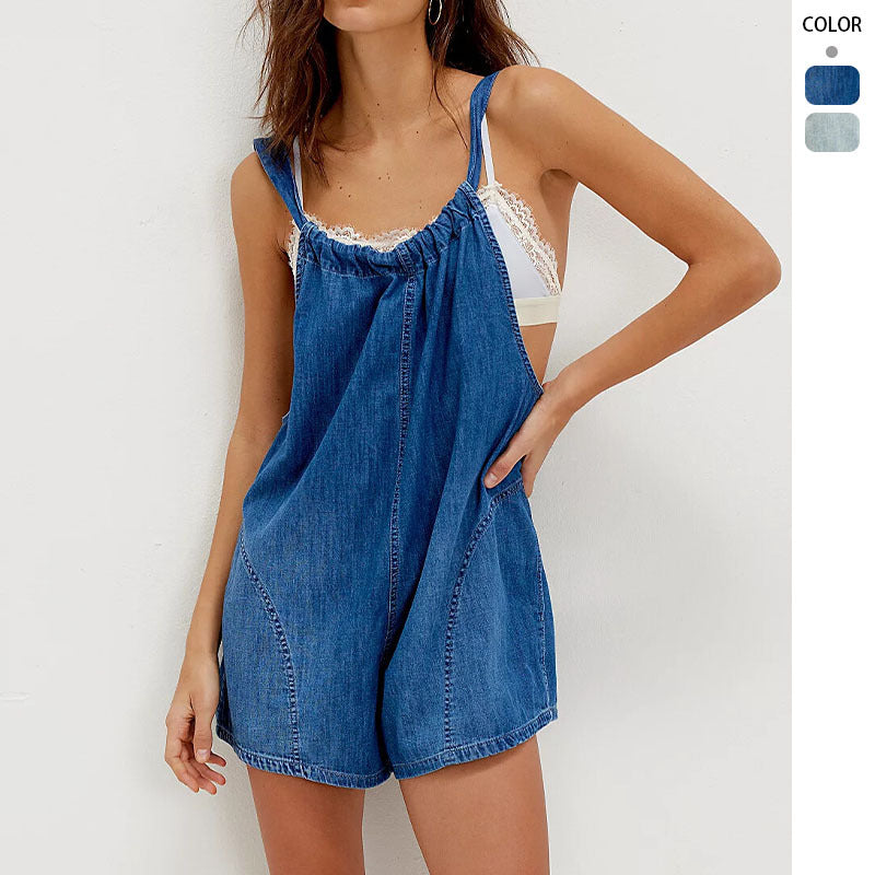 Women's denim jumpsuit with playful cut and adjustable straps