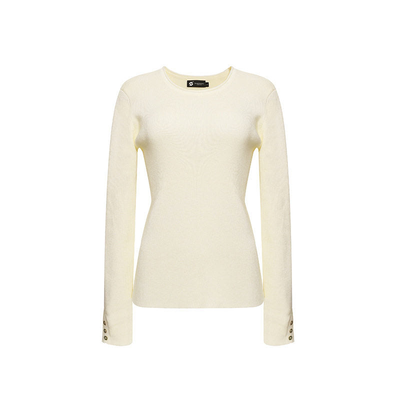 Women's fine knit sweater with round neckline, slim silhouette, and decorative button sleeves Amarae