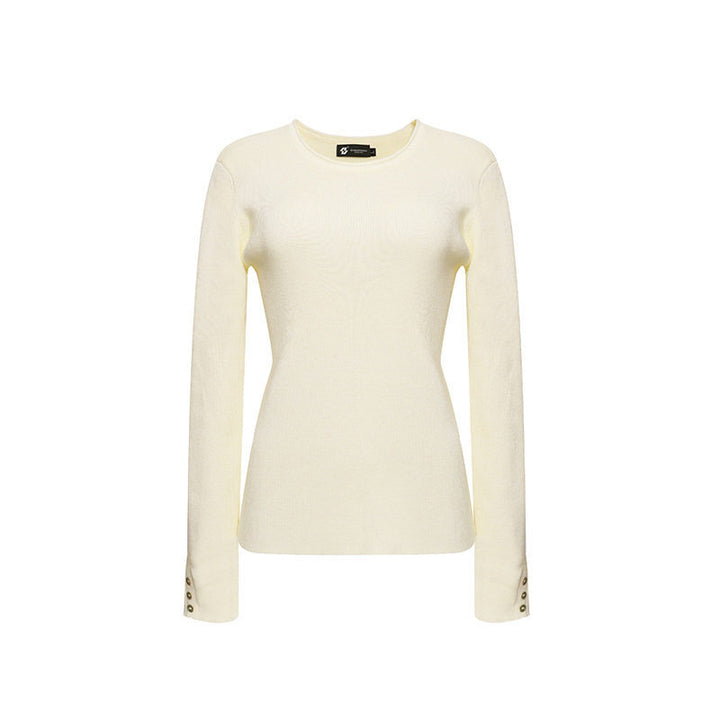Women's fine knit sweater with round neckline, slim silhouette, and decorative button sleeves Amarae