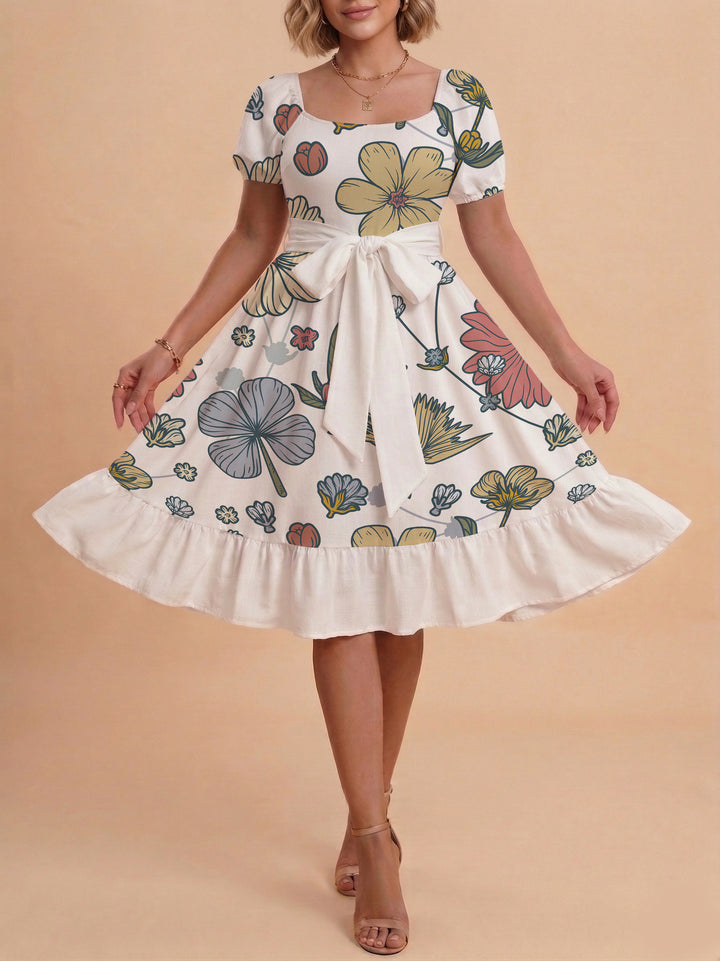 Women's Midi Dress with Elegant Floral Print and Fitted Belt Lune London