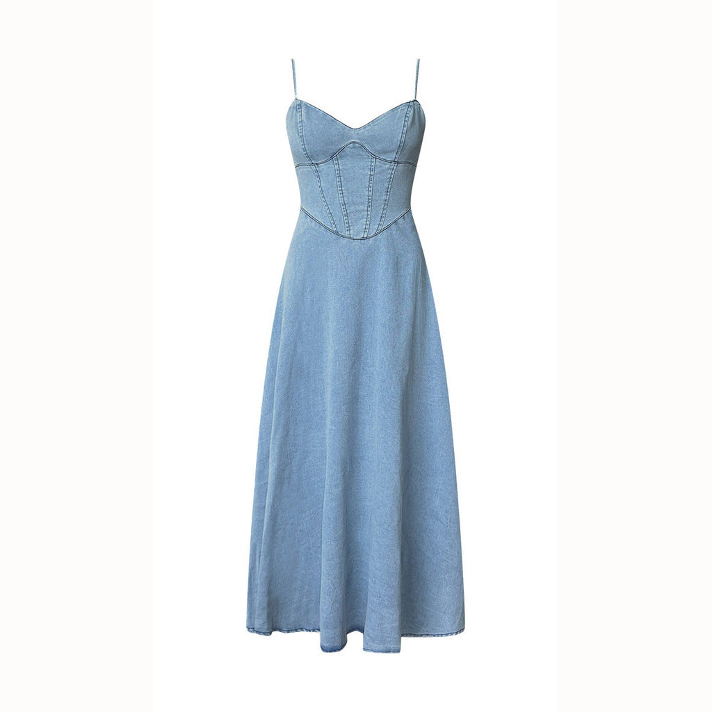 Maxi denim dress for women with elegant cut and spaghetti straps Chic & Stil