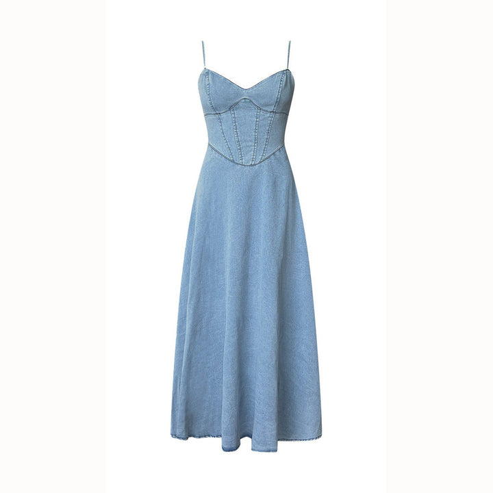 Maxi denim dress for women with elegant cut and spaghetti straps Chic & Stil