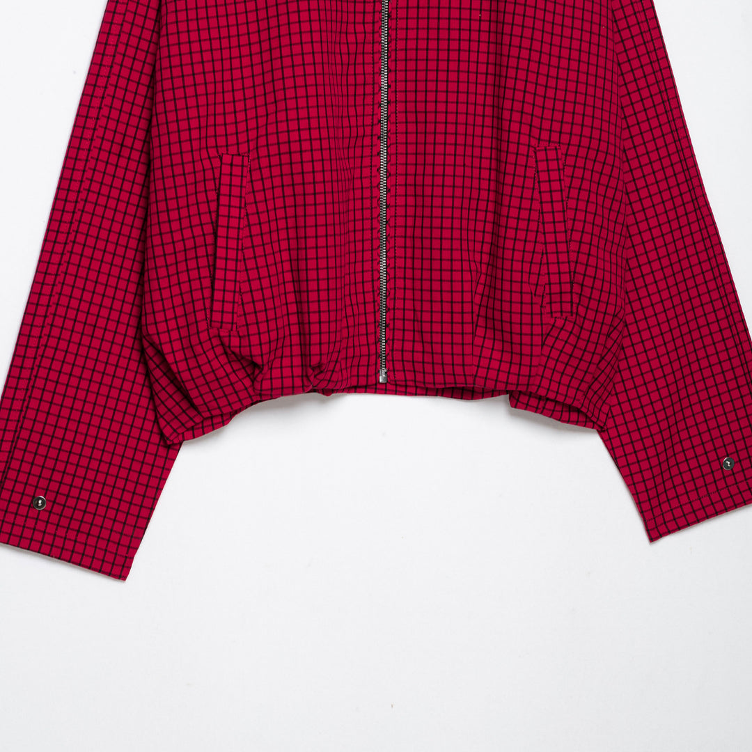Women Checked Cropped Jacket with Stand-up Collar and Zipper Amarae