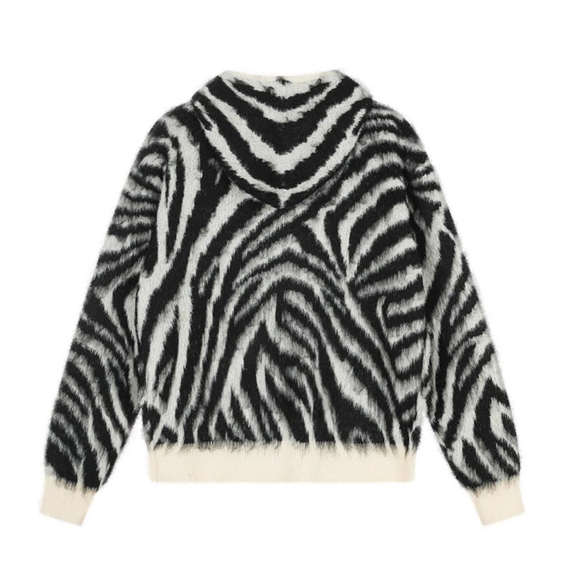 Women's Fluffy Zip Hoodie Cardigan with Zebra Jacquard and Kangaroo Pocket Amarae
