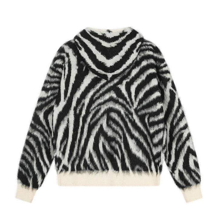 Women's Fluffy Zip Hoodie Cardigan with Zebra Jacquard and Kangaroo Pocket Amarae