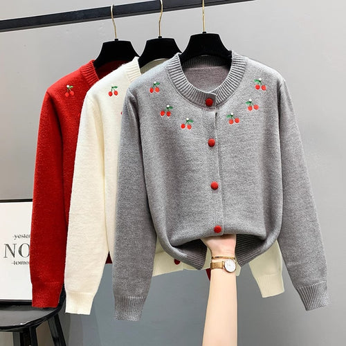 Ladies playful cardigan with embroidered cherries and red buttons Amarae